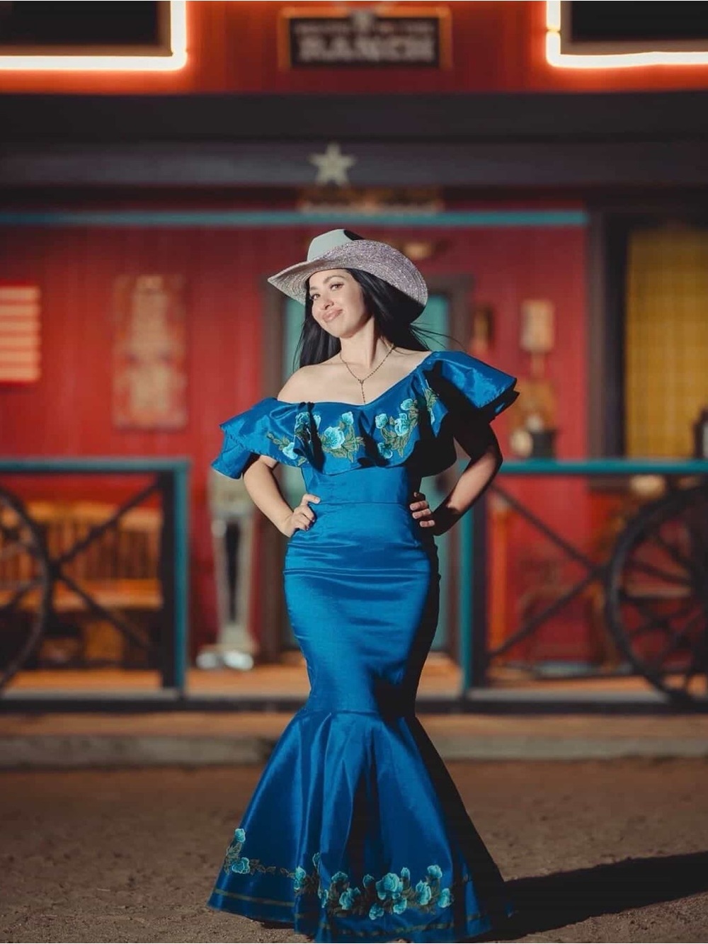Elegant Teal Off-Shoulder Mermaid Dress with Floral Embroidery